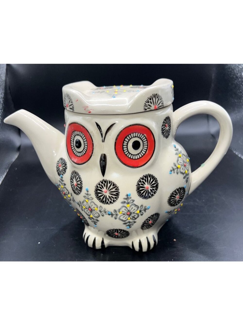 Owl-Shaped Ceramic Teapot With Lid Hand-Painted Floral Owl Details Cream/Red 6”